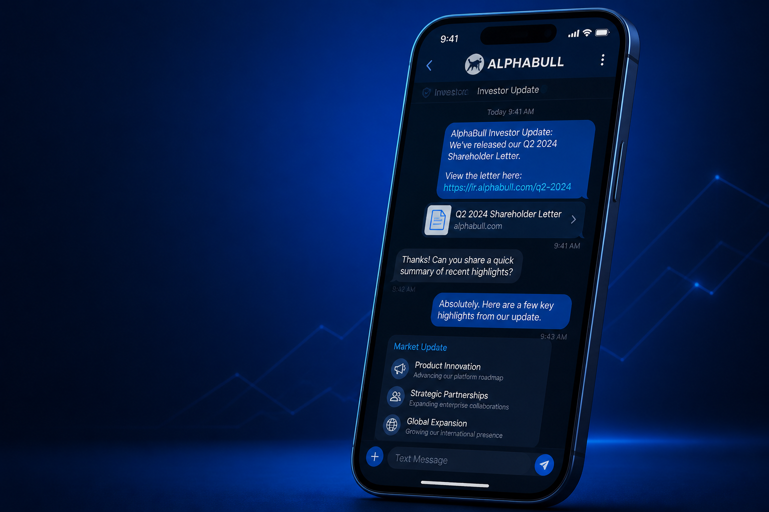 AlphaBull-branded investor SMS conversation displayed on a premium smartphone mockup